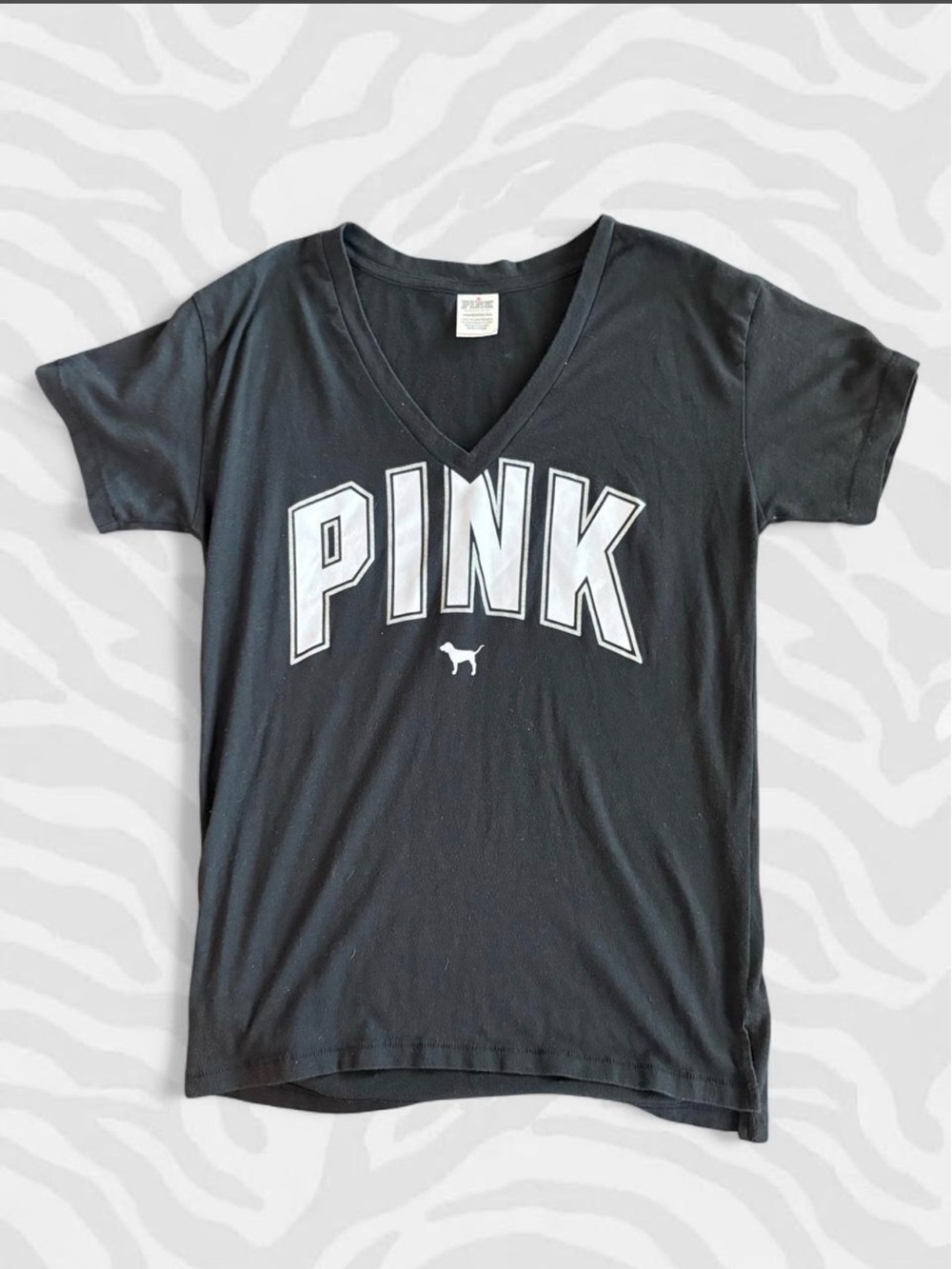 PINK Victoria's Secret Black V-Neck Logo Tee with White Lettering